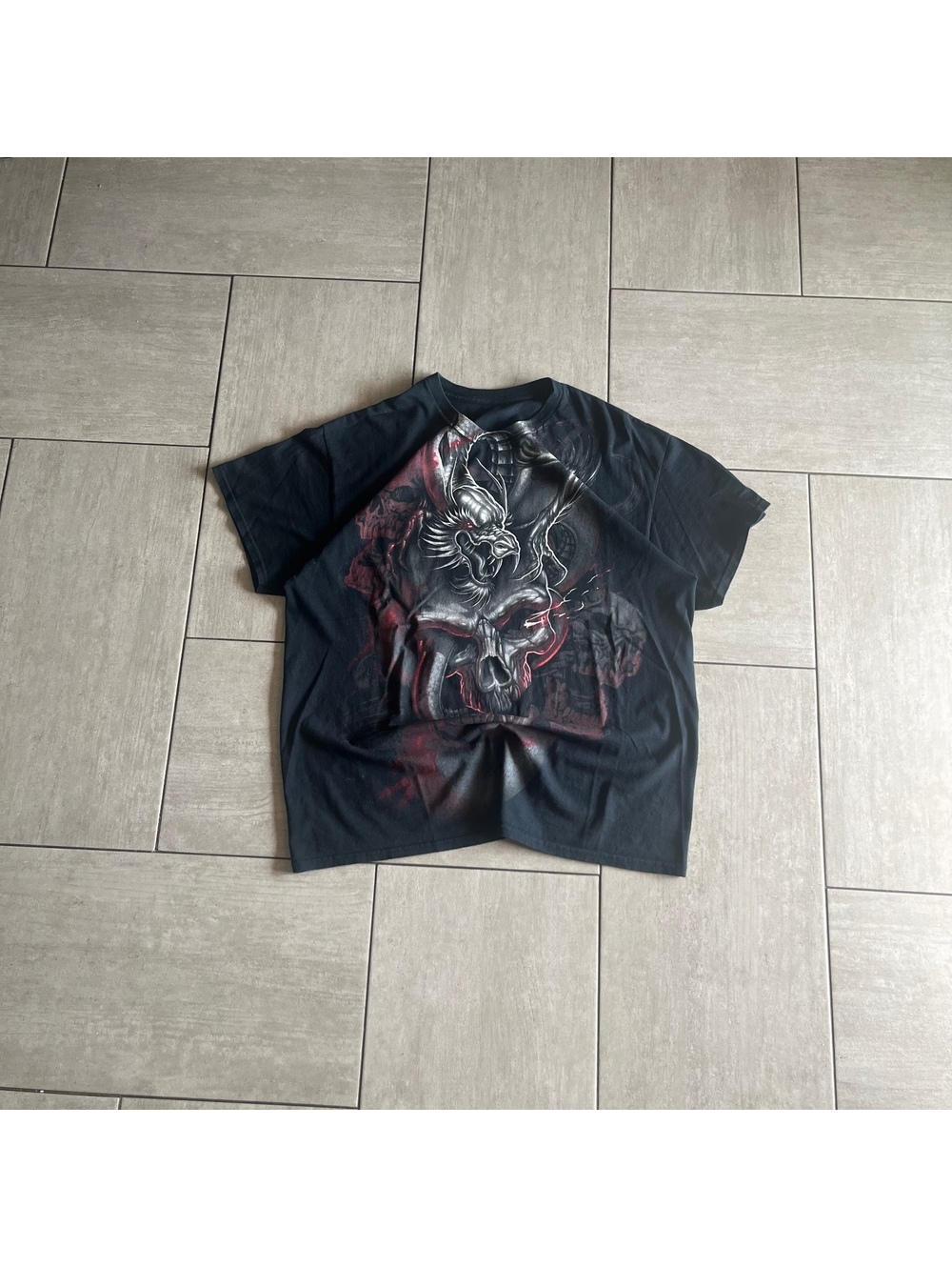 Black Graphic Skull and Dragon T-Shirt Size XL